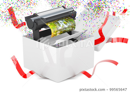 Plotter, large format inkjet printer inside gift box, 3D rendering Plotter, large format inkjet printer inside gift box, 3D rendering 99565647
