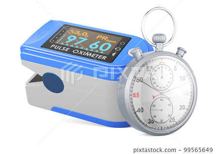 Portable Pulse Oximetry, pulse oximeter fingertip with stopwatch, 3D rendering 99565649