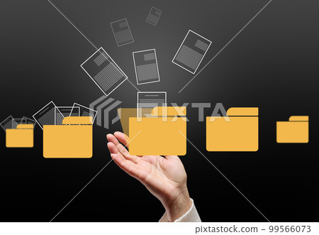 A female hand and virtual icons of folders and files, a concept of data organization and archiving, remote data management, paperless 99566073