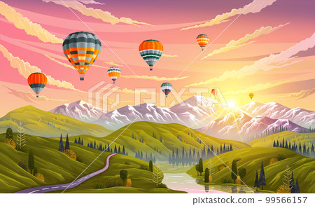 Colorful hot air balloons flying over mountain. Traveling, planning summer vacation 99566157