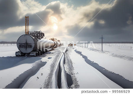 Winter landscape with the snow-covered gas pipeline and trees in hoarfrost. Gas pipe transite snow winter. 99566929