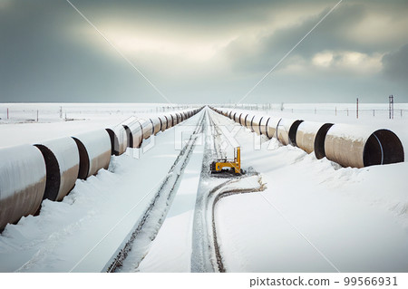 Winter landscape with the snow-covered gas pipeline and trees in hoarfrost. Gas pipe transite snow winter. 99566931