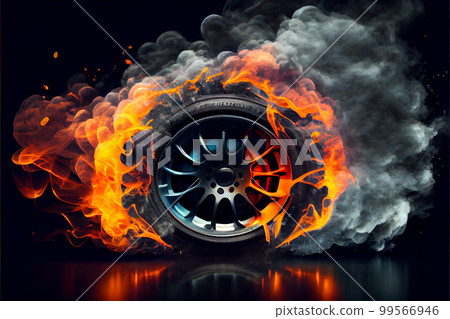 Drifting and fire smoking sport car tire with red breaks 99566946