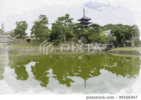 Watercolor-style Sarusawa Pond Kofuku-ji Temple Five-storied Pagoda Nara City, Nara Prefecture 99566947