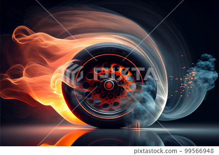 Drifting and fire smoking sport car tire with red breaks 99566948