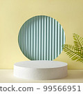 Geometric background podium for demonstration and advertising of the product on a yellow and blue 99566951