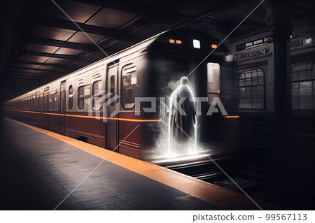 The ghost in front of subway train. Horrors, nightmares, driving safety 99567113
