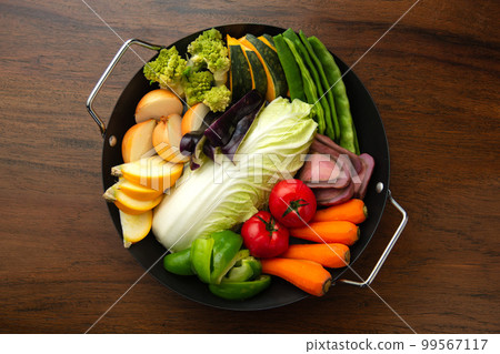 盛滿蔬菜的平底鍋 | 食物圖片 | 鳥瞰圖 99567117