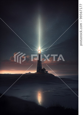 Beautiful night sky behind a shining lighthouse Beautiful night sky behind a shining lighthouse 99567177