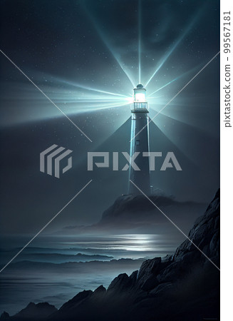 Beautiful night sky behind a shining lighthouse Beautiful night sky behind a shining lighthouse 99567181