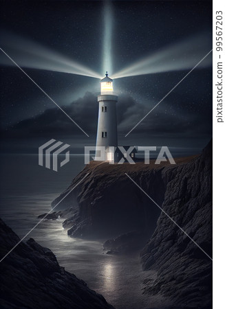 Beautiful night sky behind a shining lighthouse Beautiful night sky behind a shining lighthouse 99567203