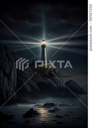 Beautiful night sky behind a shining lighthouse Beautiful night sky behind a shining lighthouse 99567204