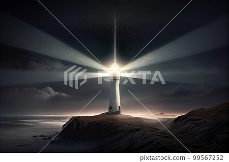 Beautiful night sky behind a shining lighthouse Beautiful night sky behind a shining lighthouse 99567252