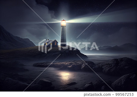 Beautiful night sky behind a shining lighthouse 99567253