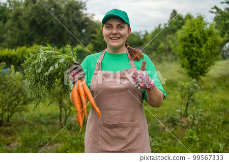 Close up portrait gardener with bunch of carrots in hand in garden. Young woman, farmer, worker holding in hands homegrown harvest of fresh orange carrots.  99567333