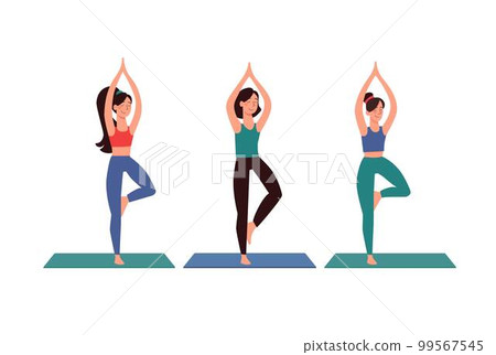 Vector set of girls who do yoga. During quarantine, people play sports at home, in safety. Workout at home, female fitness, performing asanas. Flat.style isolated on white 99567545