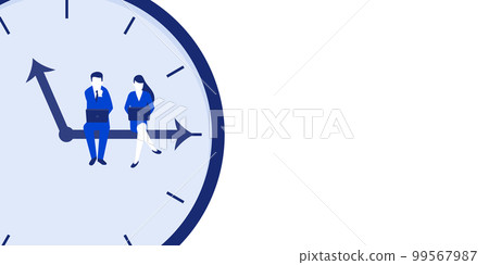 Illustration of a businessman sitting at the hands of a clock and working, copy space on the right, vector Illustration of a businessman sitting at the hands of a clock and working, copy space on the right, vector 99567987