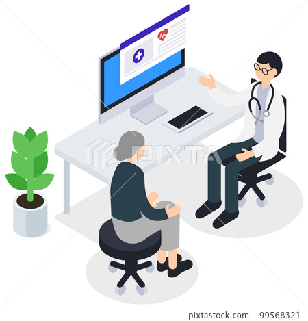 Male doctor examining and senior female patient 99568321