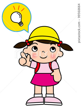 一名小學生以小燈泡靈感標記指著的全身前視圖插圖 一名小學生以小燈泡靈感標記指著的全身前視圖插圖 99568664
