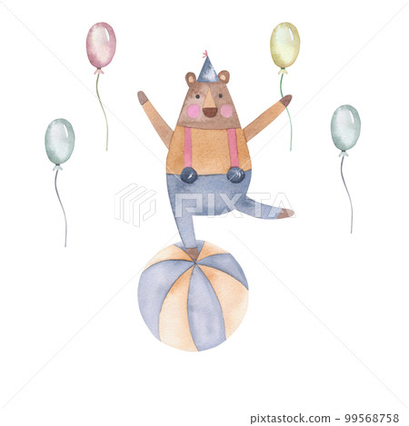Circus bear on a balloon watercolor illustration. Hand drawn isolated on white background. 99568758