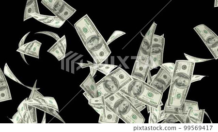 Rain of 100 dollar bills 3d. Falling cash on a black background render 3d. Wealth success money 3d background 99569417