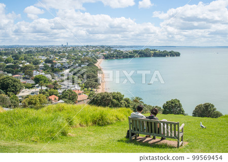Cheltenham Beach view from the top of North Head volcano in Devonport, North Island, New Zealand. 99569454