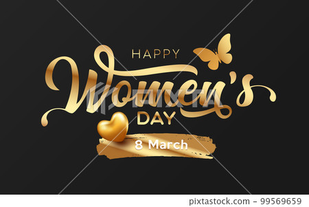 Happy Women's day message, butterfly and heart golden design on black background 99569659