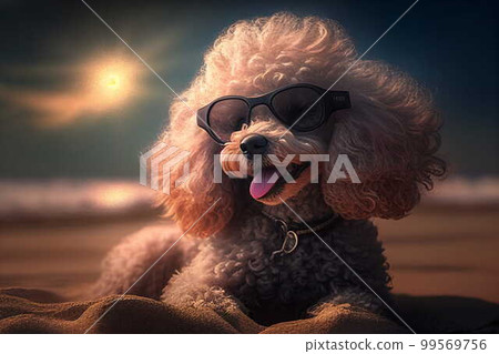 Poodle Pleasant Pet Playtime at the Sea Sand Sun Beach, A Dog Savoring the Simple Joys, Human best friends Taking in the Beauty of the Sea, Generative AI 99569756