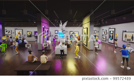 3D Render of exhibition of NFT pictures in meta universe 99572489