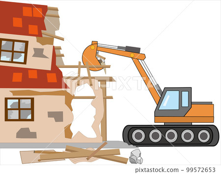 A wooden house is being dismantled with heavy machinery. A wooden house is being dismantled with heavy machinery. 99572653