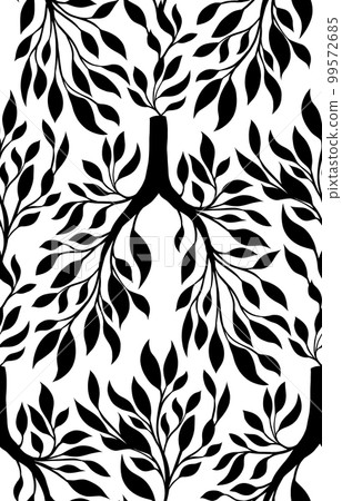 Vector monochrome seamless pattern with silhouette of human lungs from leaves and branches on white background. Clean natural air. 99572685