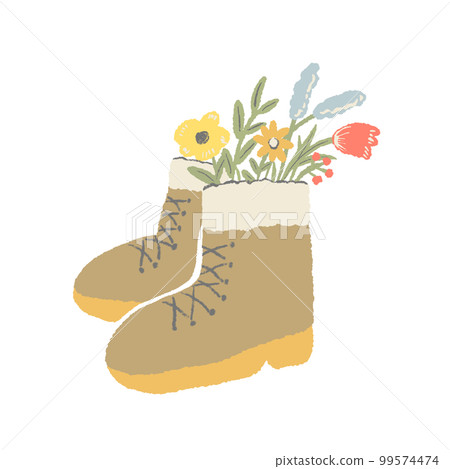 Fashionable hand drawn illustration of brown outdoor boots decorated with flowers 99574474