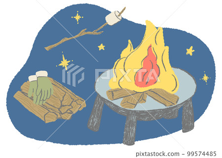Bonfire, firewood and marshmallows pointing to tree branches Fashionable hand drawn illustration Bonfire, firewood and marshmallows pointing to tree branches Fashionable hand drawn illustration 99574485