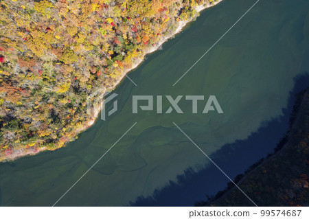 Aerial shot of Lake Eniwa in autumn with a drone (true bird's-eye view) 99574687