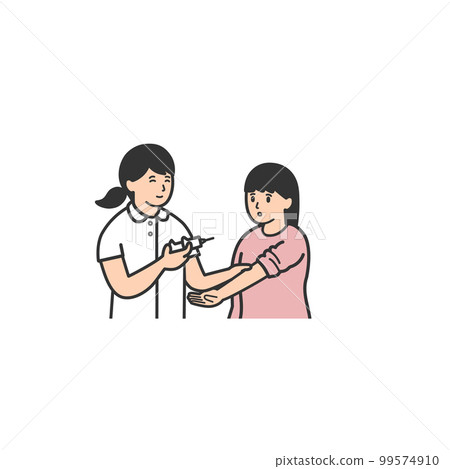 Illustration of a woman receiving an injection from a nurse Illustration of a woman receiving an injection from a nurse 99574910