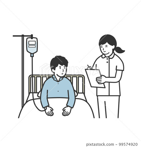 Illustration of a man talking to a nurse in bed Illustration of a man talking to a nurse in bed 99574920