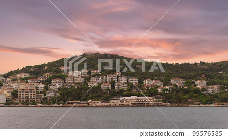 View of the hills of Kinaliada island from Marmara Sea, with traditional summer houses and boats, Istanbul, Turkey 99576585