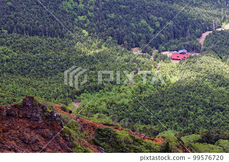 從八嶽山脈和橫嶽山脊線看到的地藏山脊和小屋的登山者 從八嶽山脈和橫嶽山脊線看到的地藏山脊和小屋的登山者 99576720