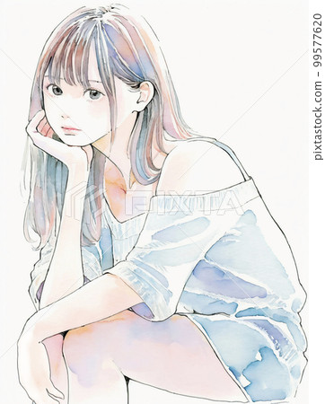 一位年輕女子拄著拐杖坐著,看著這張“人工智能生成的圖像”的水彩插圖 一位年輕女子拄著拐杖坐著,看著這張“人工智能生成的圖像”的水彩插圖 99577620