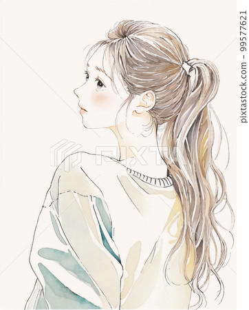 一個女人回頭看的背影，水彩插圖“人工智能生成的圖像” 99577621
