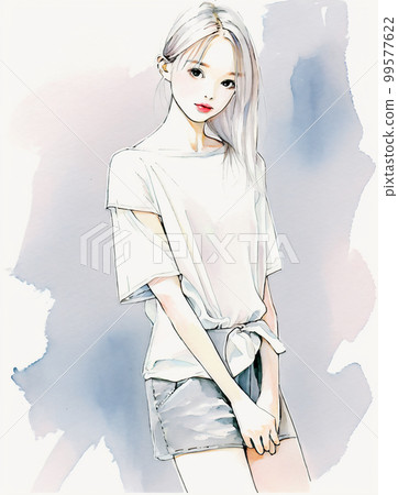 一個可愛的女人的站立圖片 水彩插圖“AI 生成的圖像” 99577622