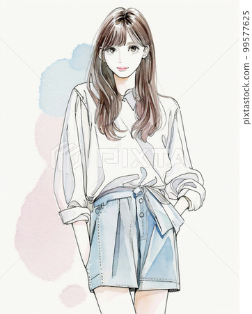 Watercolor illustration of a young woman posing with her hand in her pocket "AI generated image" 99577625