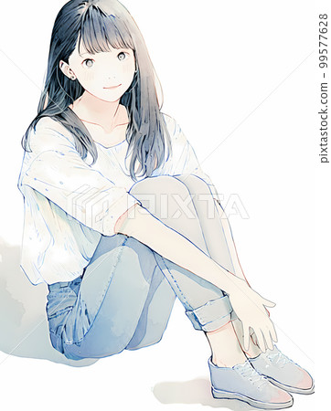 Watercolor illustration of a woman sitting holding her knees "AI generated image" 99577628