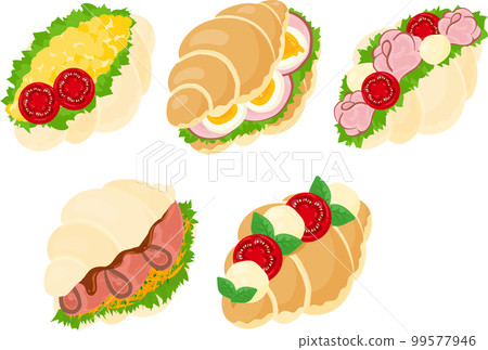 A delicious-looking cute roll sandwich made with eggs, tomatoes, ham, cheese, roast beef, basil, etc. 99577946