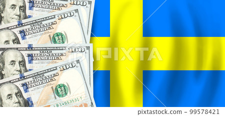 Dollars on flag of Sweden, Swedish finance, subsidies, social support, GDP concept Dollars on flag of Sweden, Swedish finance, subsidies, social support, GDP concept 99578421