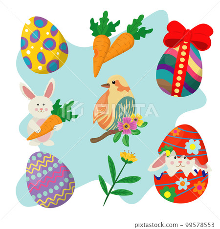 set of happy easter holiday with elements of eggs, funny rabbits, carrot, flowers and bird set of happy easter holiday with elements of eggs, funny rabbits, carrot, flowers and bird 99578553