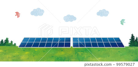 Photovoltaic solar panel and meadow landscape watercolor 99579027
