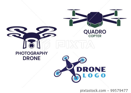 Drone logo. Icon of photography camera. Delivery aircraft helicopter. Spy quadcopter. Robotic vehicle. Wireless control. Aerial robot. Copter symbols design. Vector cartoon emblems set 99579477