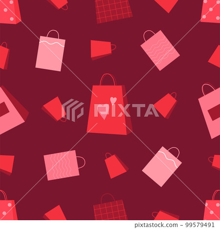 Shop bag pattern. Red gifts. Shopping packets. Valentine discount wallpaper. Repeated print for pink fashion paper. Sale poster. Love hearts. Marketing card. Vector seamless background 99579491