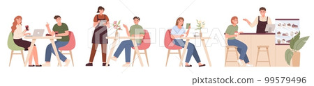 People eating in cafe. Friends talk. Couple drinking coffee or tea. Food lunch. Conversation group. Persons meeting in cafeteria. Freelance work with laptop. Vector flat illustrations set 99579496